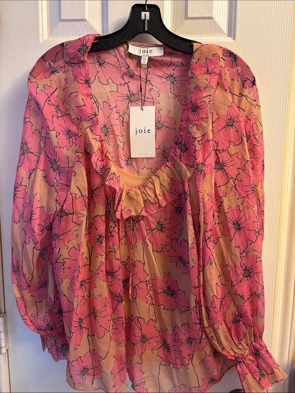 Joie Pink and Tan Floral Ruffle-Neck Long-Sleeve Blouse